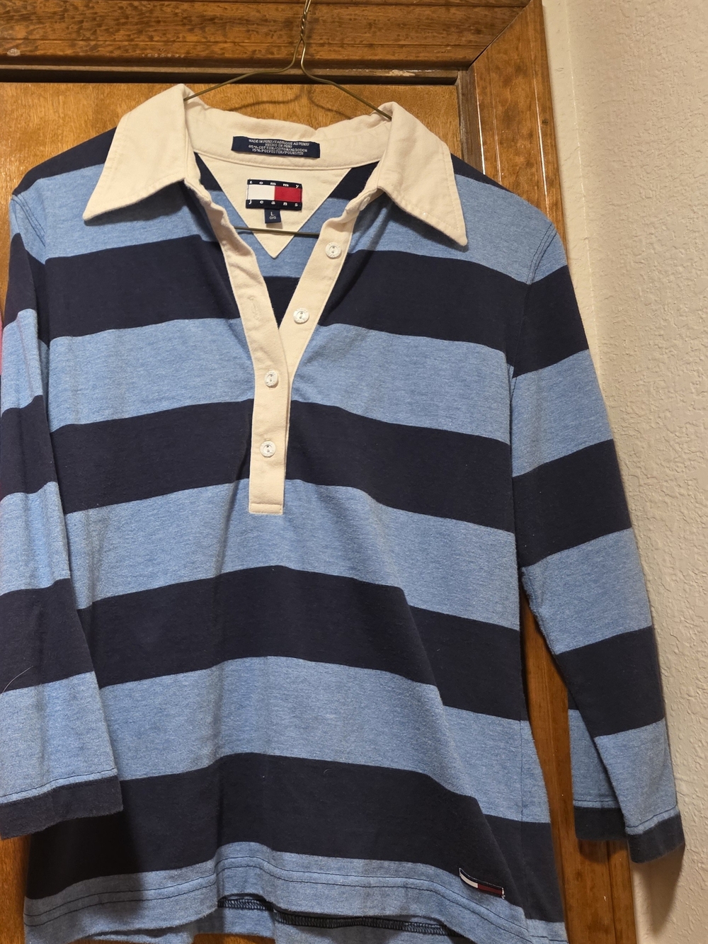 Tommy Hilfiger Light Blue & Navy Striped Rugby Polo with Cream Collar